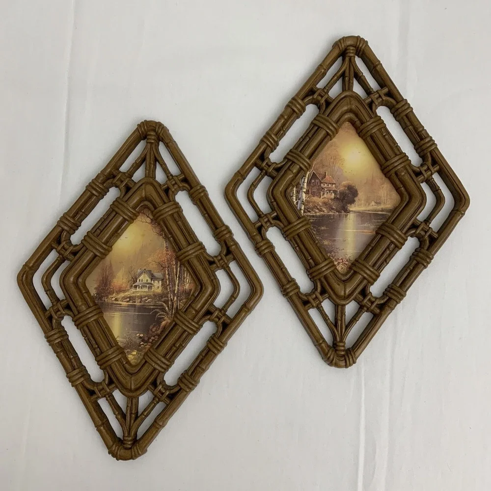 Vintage Homco 1983 Faux Bamboo Diamond Wall Frames Cottagecore Set of 2 EUC